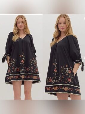 Entro embroidered mini dress with tie sleeves